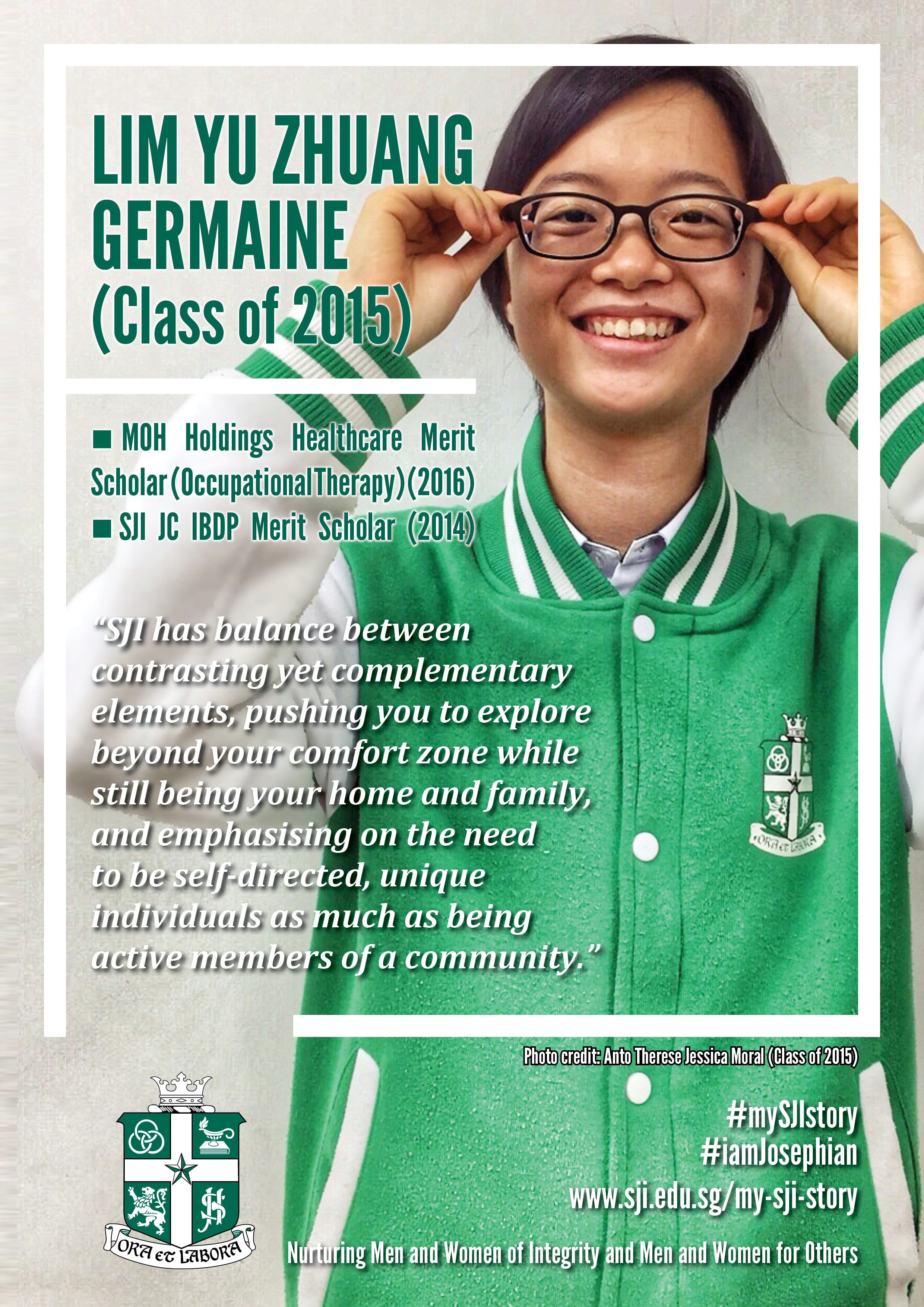 Smiling student in green varsity jacket adjusts glasses; large text shows name Lim Yu Zhuang Germaine, Class of 2015.